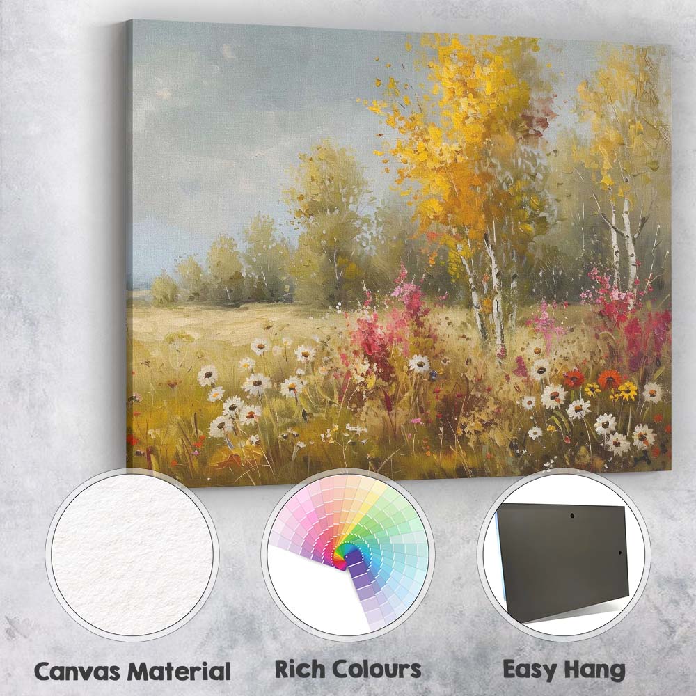 Colourful Wildflower Birch Tree Meadow Impressionist Landscape Canvas Wall Art Print Decor Picture Ready to Hang