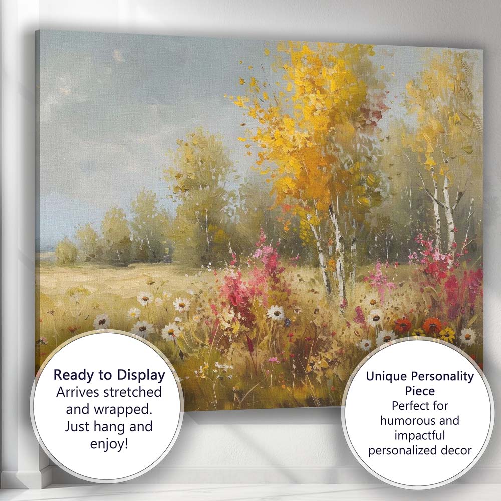 Colourful Wildflower Birch Tree Meadow Impressionist Landscape Canvas Wall Art Print Decor Picture Ready to Hang