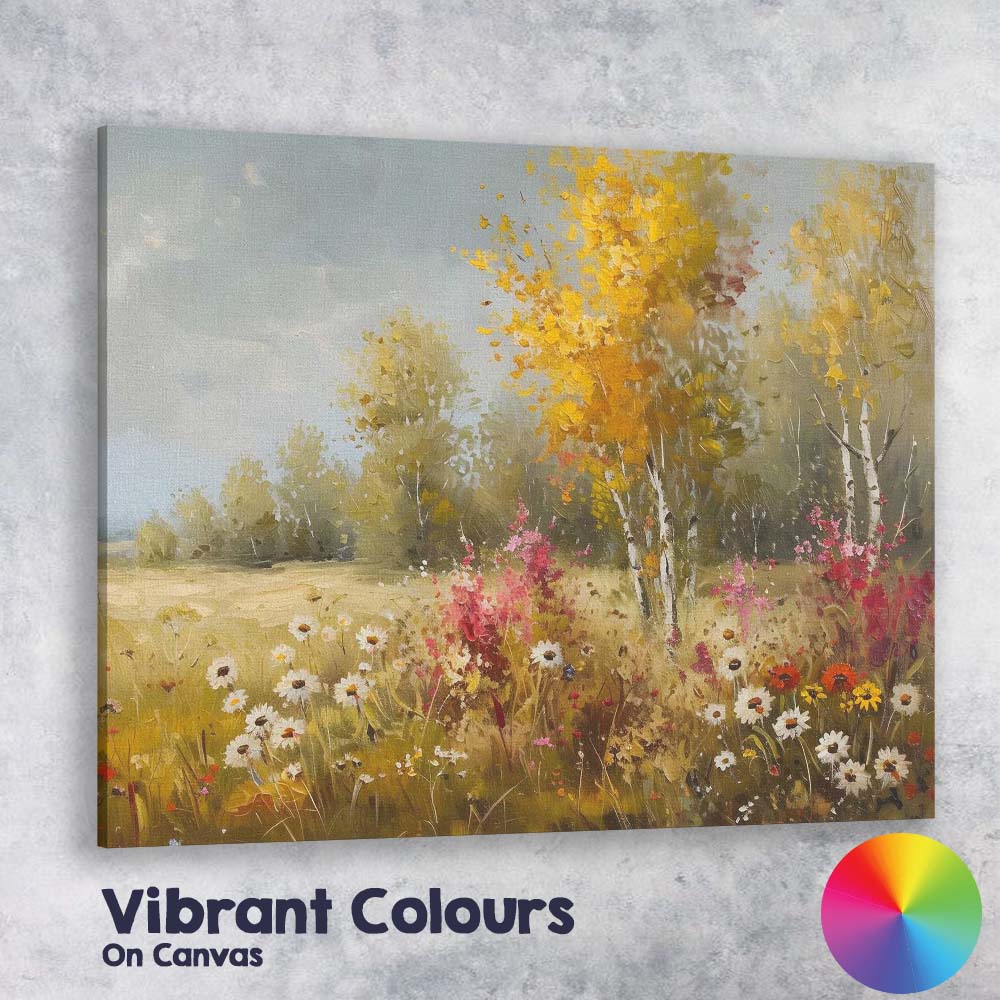 Colourful Wildflower Birch Tree Meadow Impressionist Landscape Canvas Wall Art Print Decor Picture Ready to Hang