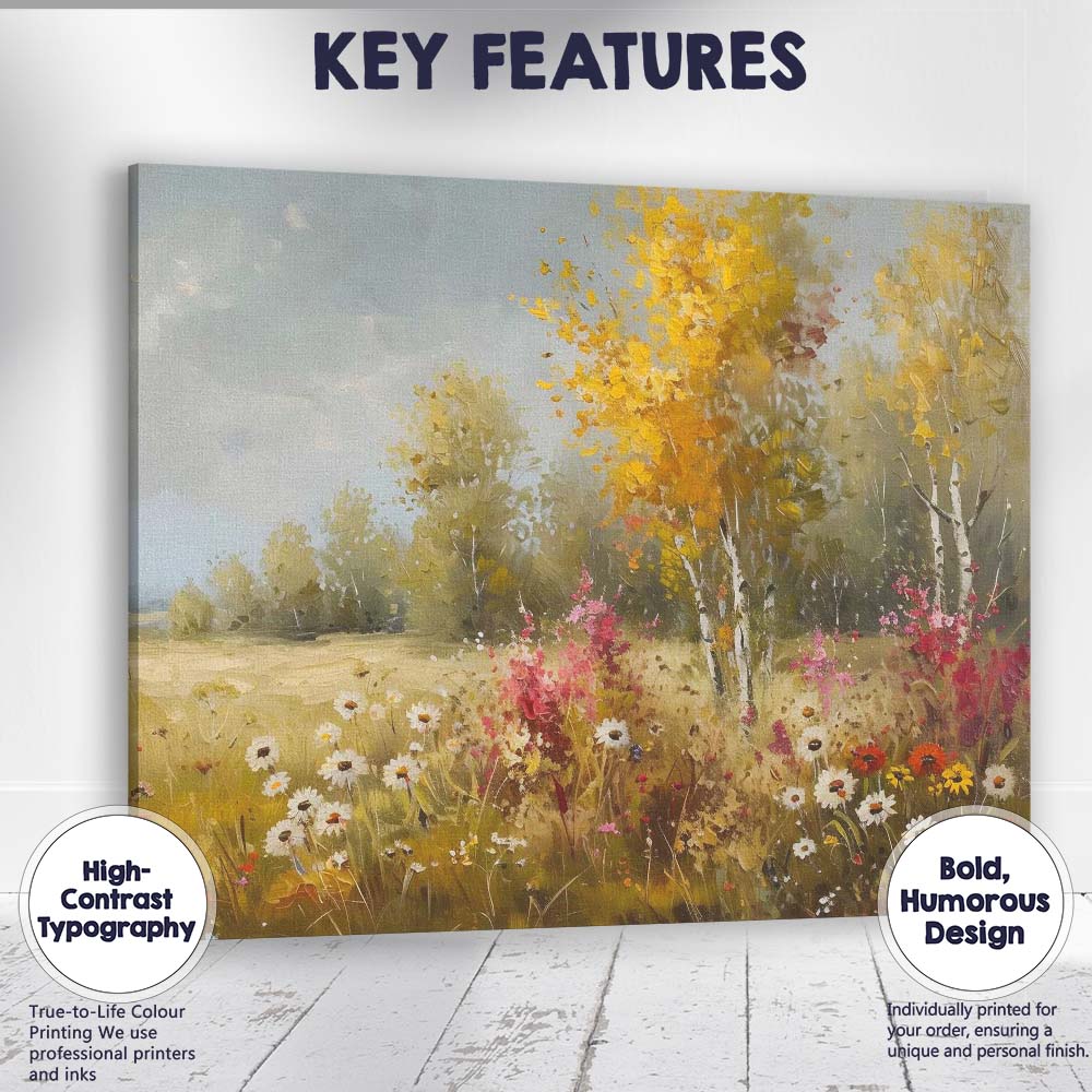 Colourful Wildflower Birch Tree Meadow Impressionist Landscape Canvas Wall Art Print Decor Picture Ready to Hang