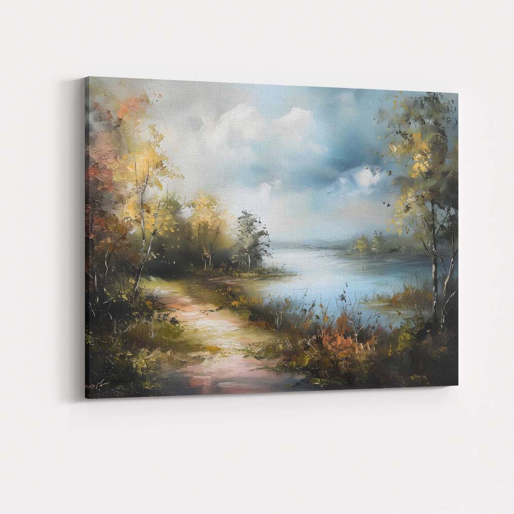 Atmospheric Lakeside Woodland Landscape Impressionist Painting Canvas Wall Art Print Decor Picture Ready to Hang