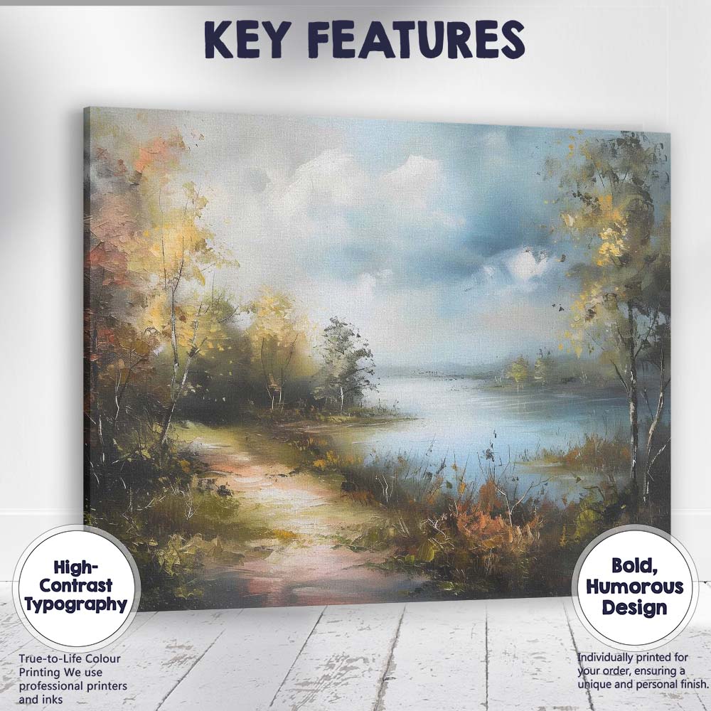 Atmospheric Lakeside Woodland Landscape Impressionist Painting Canvas Wall Art Print Decor Picture Ready to Hang