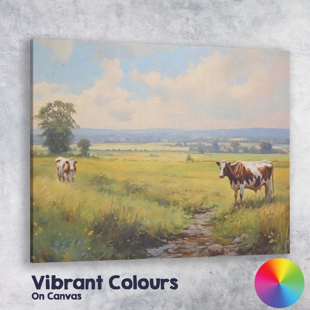 Pastoral Countryside Grazing Cows Meadow Landscape Canvas Wall Art Print Decor Picture Ready to Hang