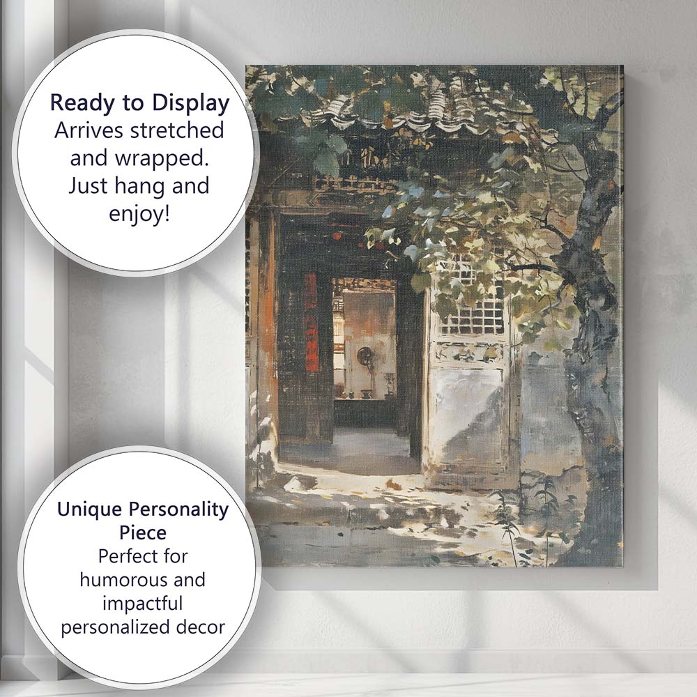Traditional Chinese Courtyard Entrance Ancient Architecture Impressionist Garden Painting Canvas Wall Art Print Decor Picture Ready to Hang
