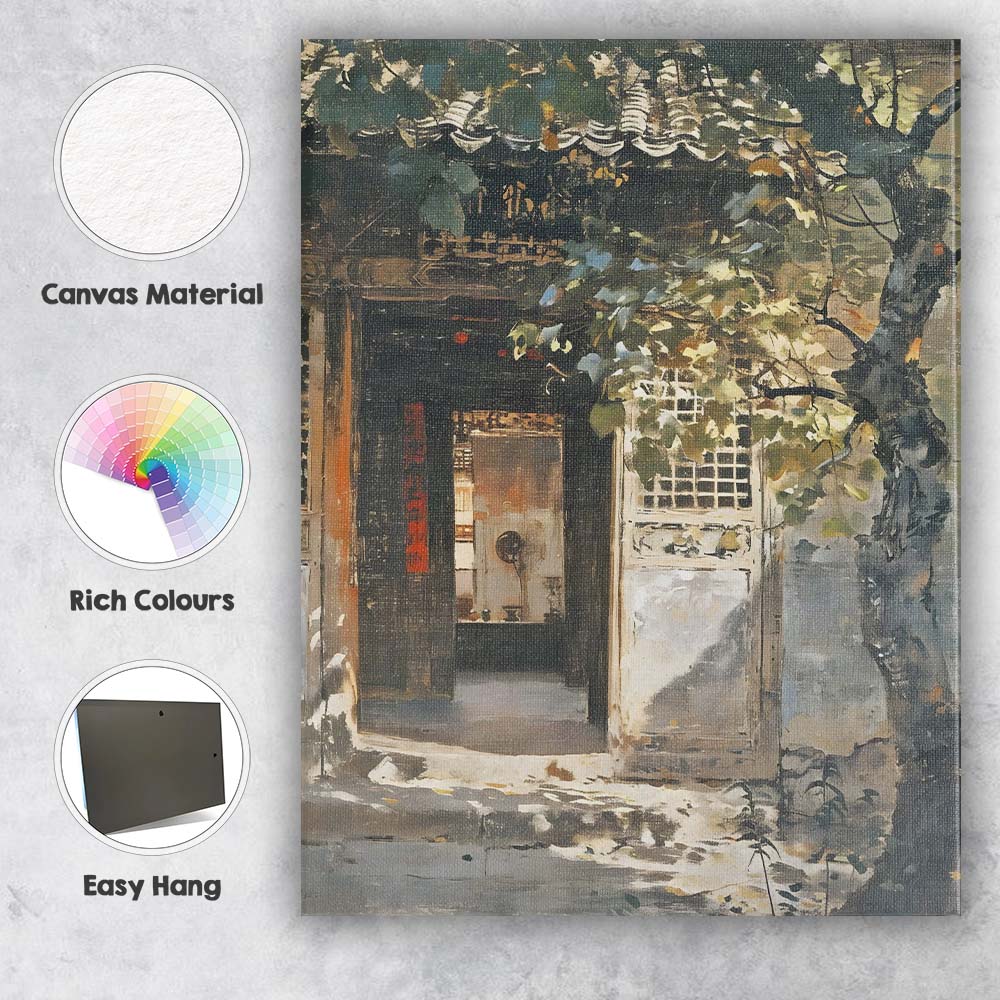 Traditional Chinese Courtyard Entrance Ancient Architecture Impressionist Garden Painting Canvas Wall Art Print Decor Picture Ready to Hang