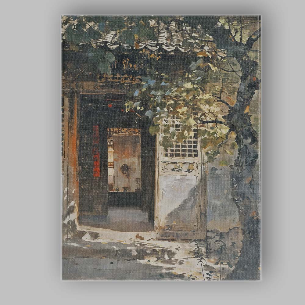 Traditional Chinese Courtyard Entrance Ancient Architecture Impressionist Garden Painting Canvas Wall Art Print Decor Picture Ready to Hang