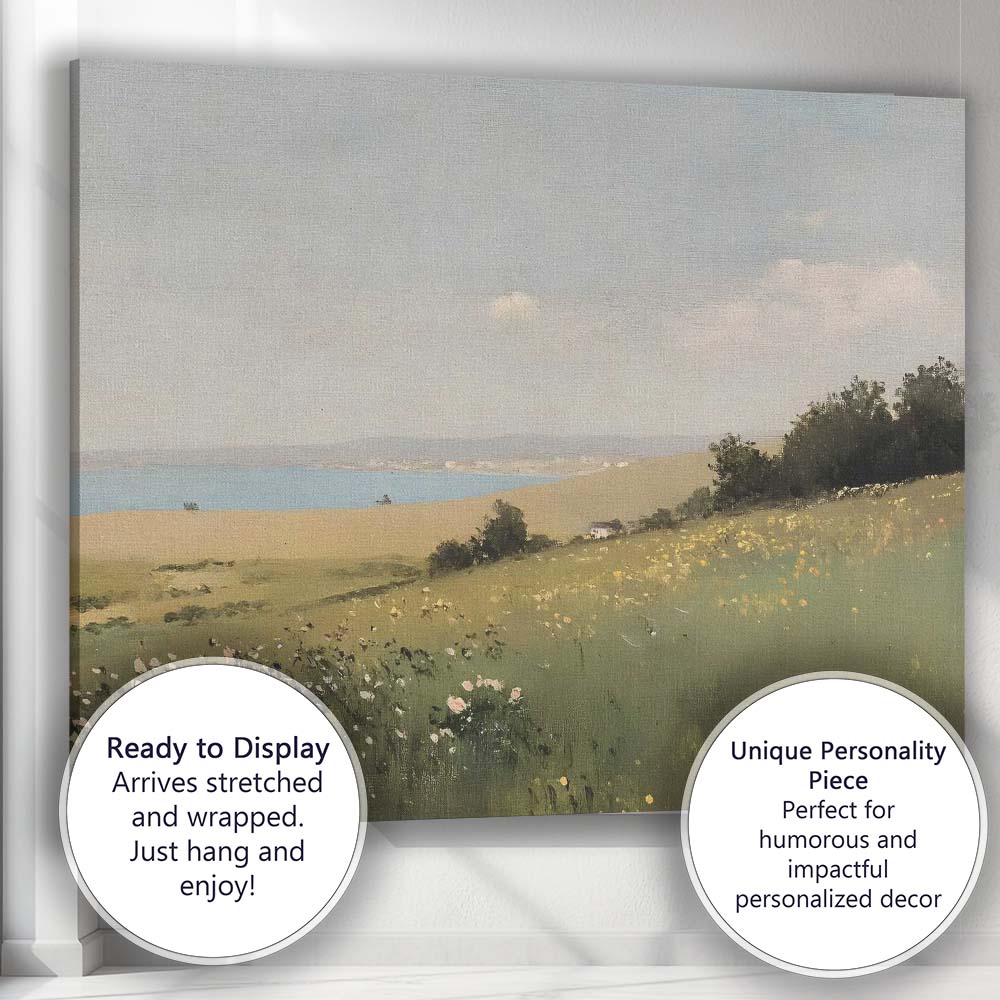 Coastal Wildflower Meadow Rolling Hills Seascape Landscape Canvas Wall Art Print Decor Picture Ready to Hang