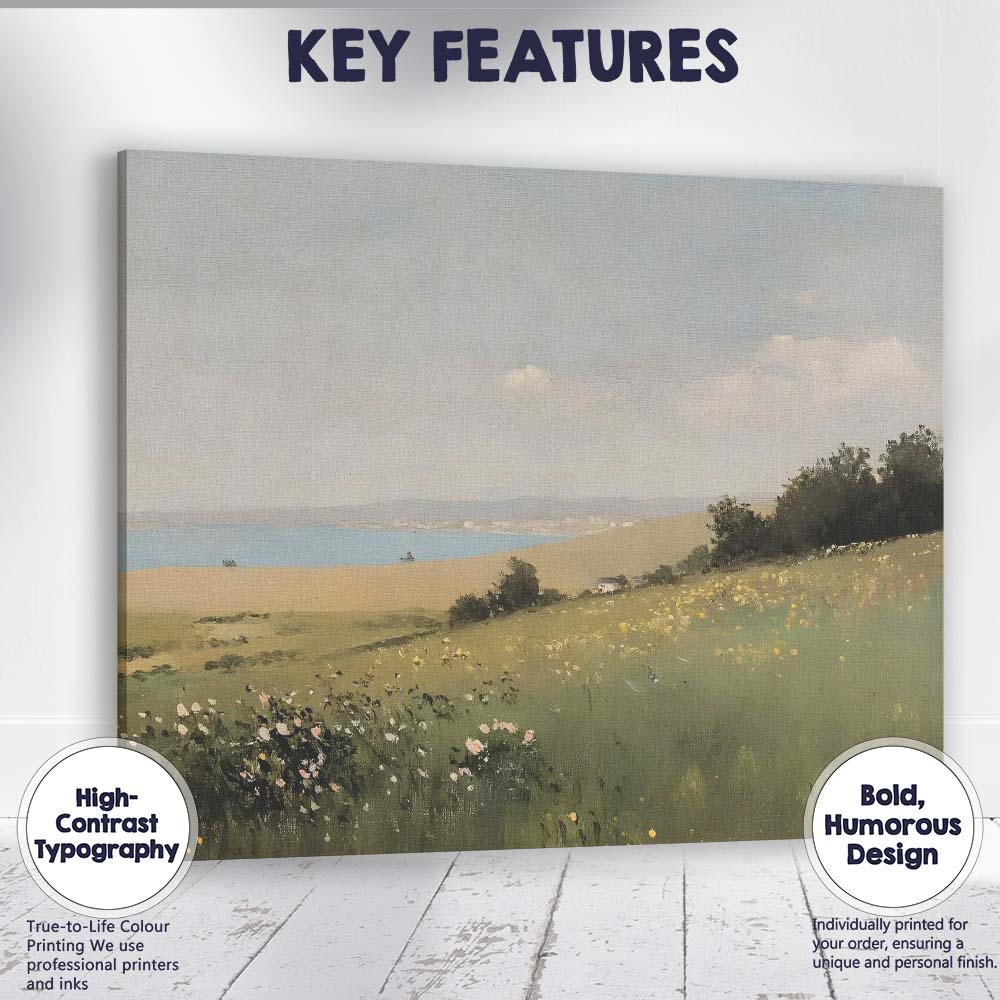 Coastal Wildflower Meadow Rolling Hills Seascape Landscape Canvas Wall Art Print Decor Picture Ready to Hang