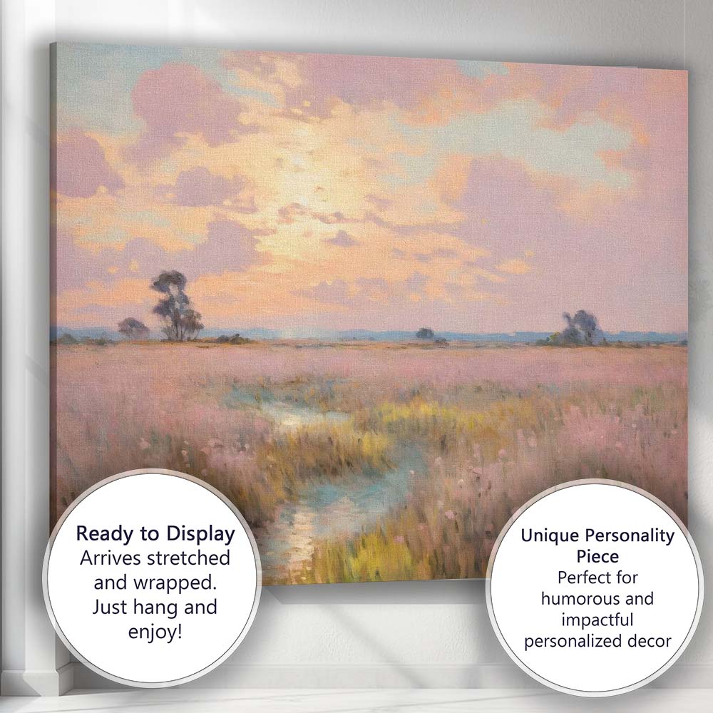 Dreamy Pink Wildflower Meadow Sunset Landscape Canvas Wall Art Print Decor Picture Ready to Hang