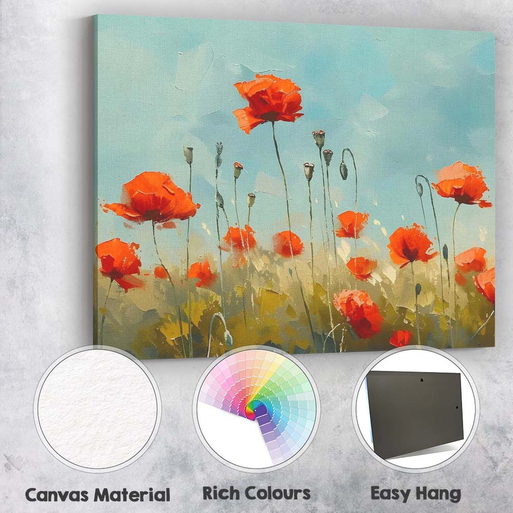Abstract Impressionist Red Poppy Wildflower Meadow Floral Landscape Canvas Wall Art Print Decor Picture Ready to Hang