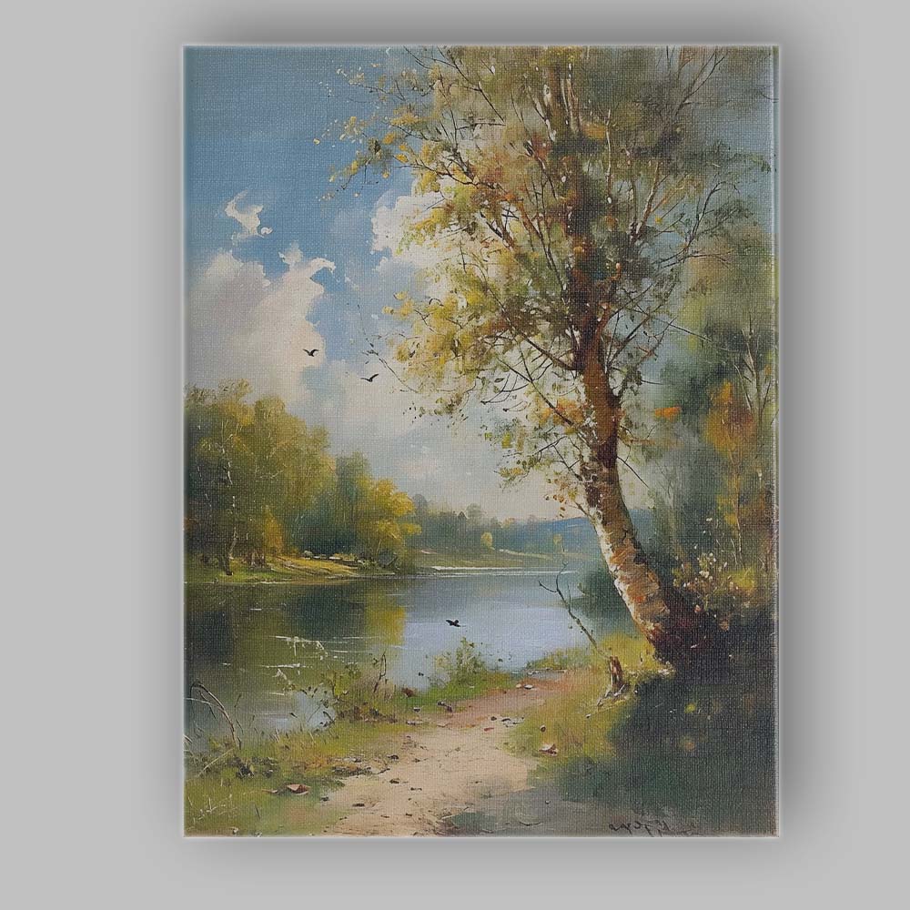 Impressionist Peaceful Riverside Woodland Tree Summer Landscape Canvas Wall Art Print Decor Picture Ready to Hang