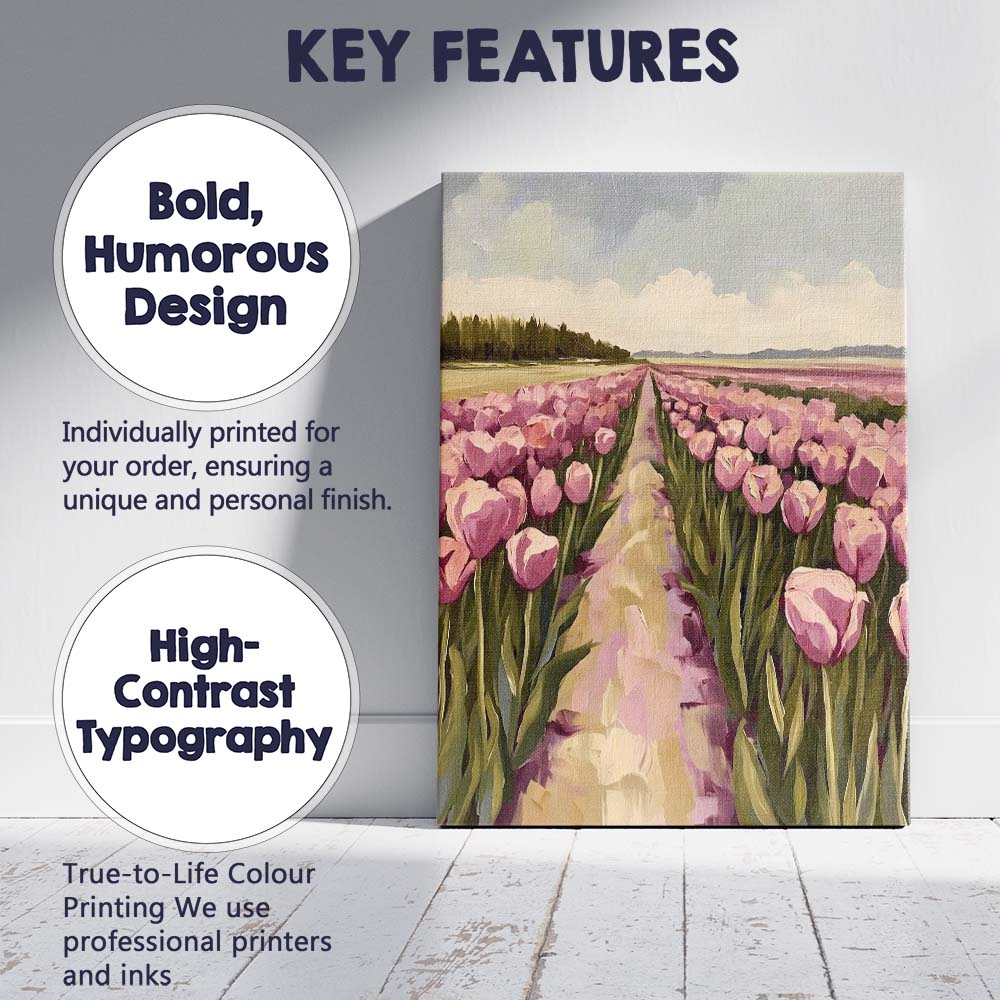 Abstract Impressionist Pink Tulip Field Spring Floral Landscape Canvas Wall Art Print Decor Picture Ready to Hang