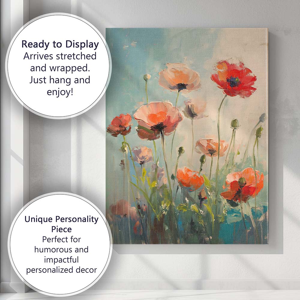 Soft Coral Red Poppy Floral Impressionist Canvas Wall Art Print Decor Picture Ready to Hang