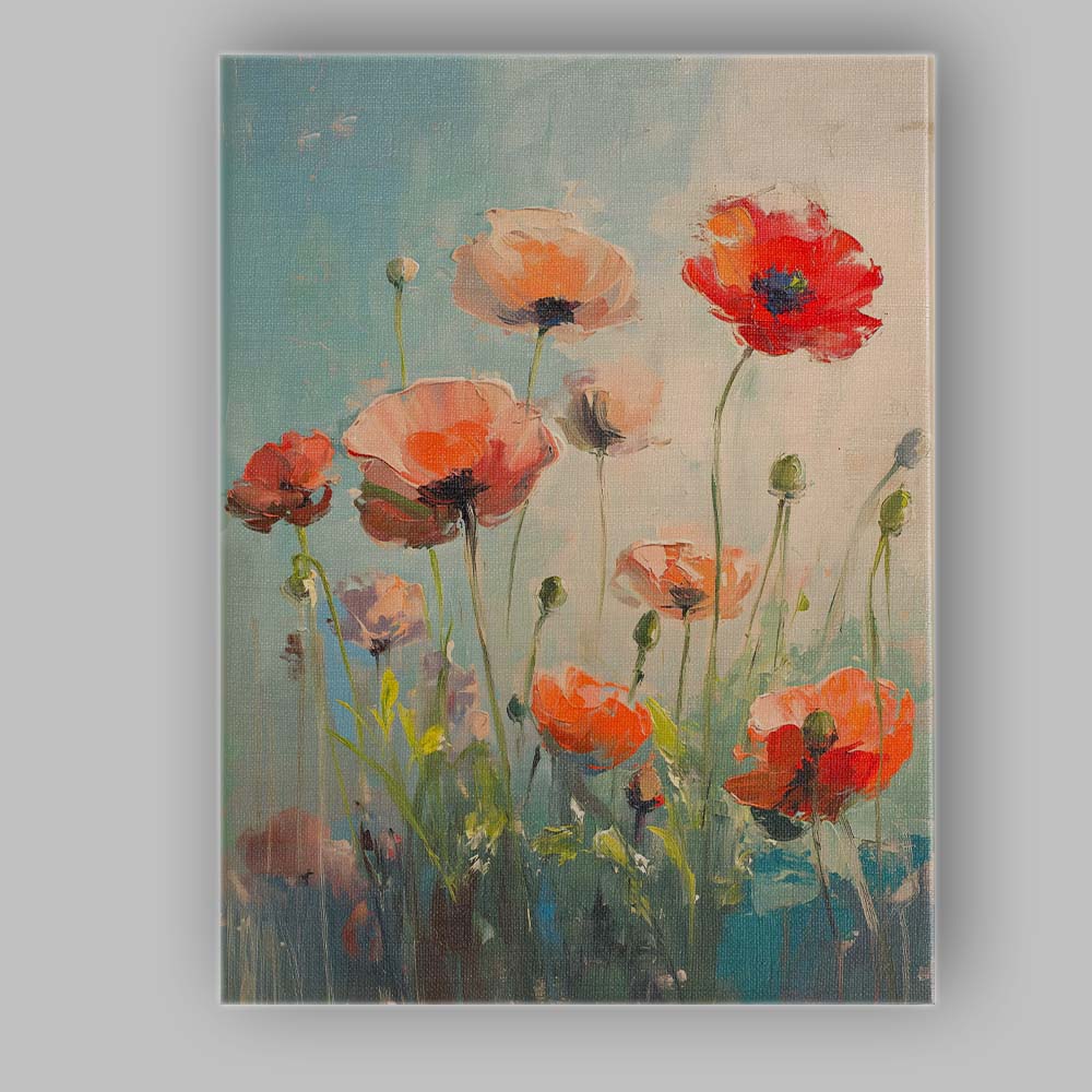 Soft Coral Red Poppy Floral Impressionist Canvas Wall Art Print Decor Picture Ready to Hang