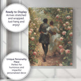 Romantic Couple Walking Through Blooming Rose Garden Impressionist Canvas Wall Art Print Decor Picture Ready to Hang