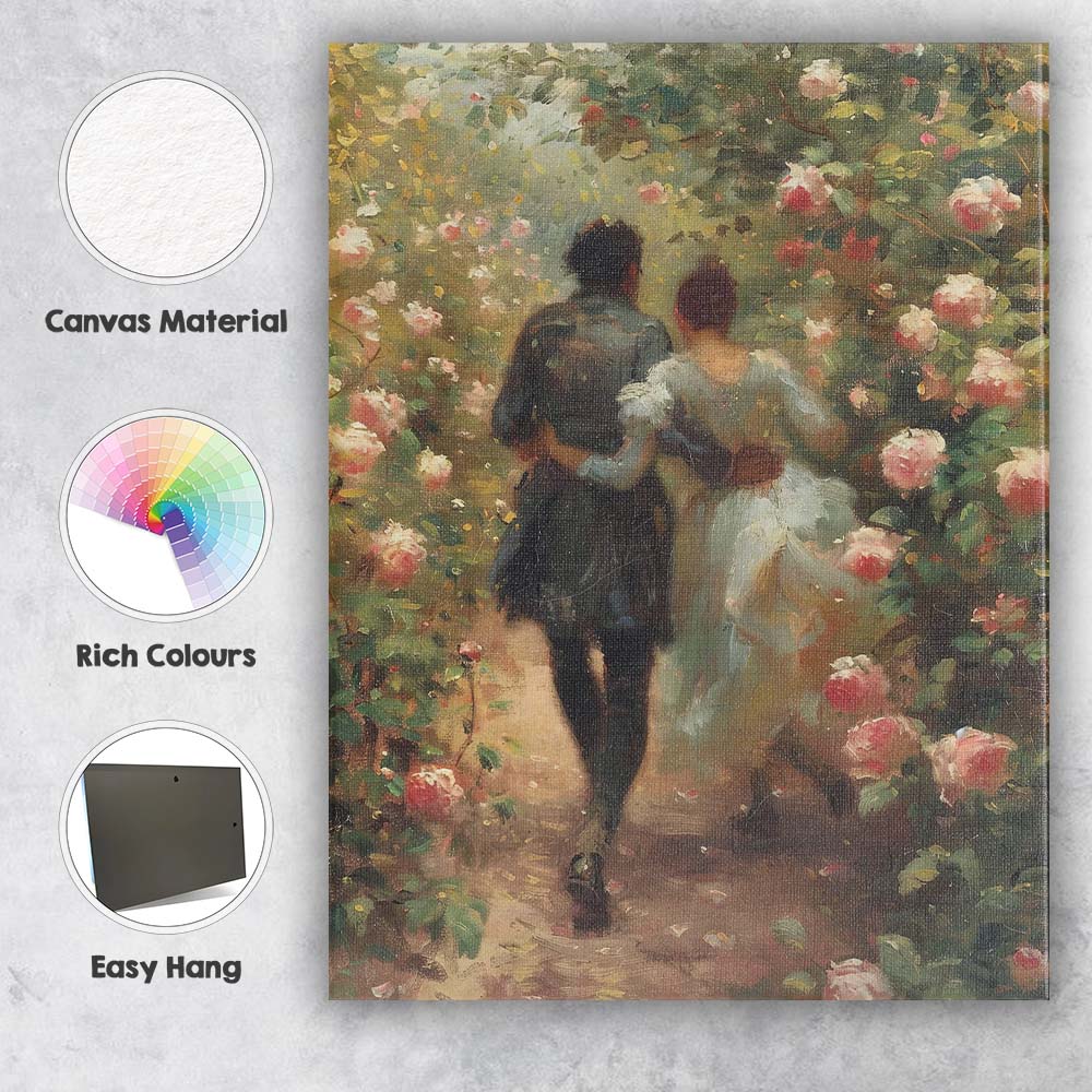Romantic Couple Walking Through Blooming Rose Garden Impressionist Canvas Wall Art Print Decor Picture Ready to Hang