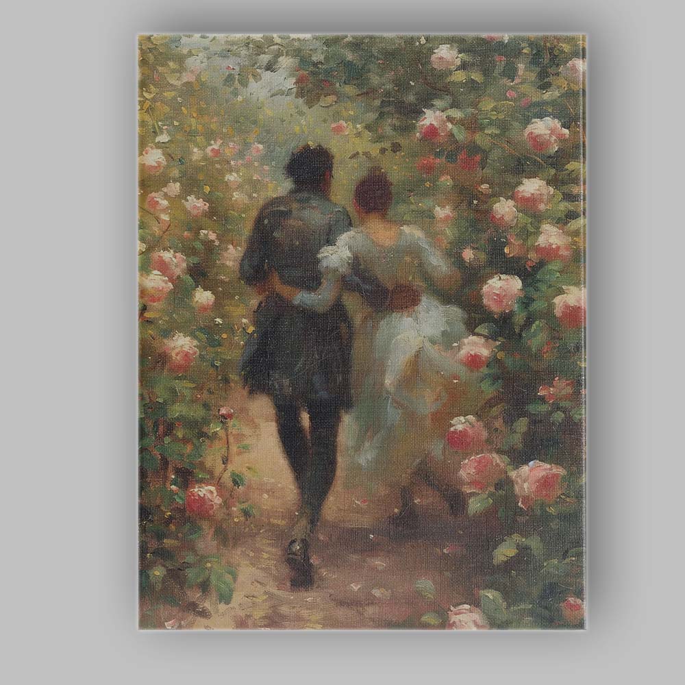 Romantic Couple Walking Through Blooming Rose Garden Impressionist Canvas Wall Art Print Decor Picture Ready to Hang