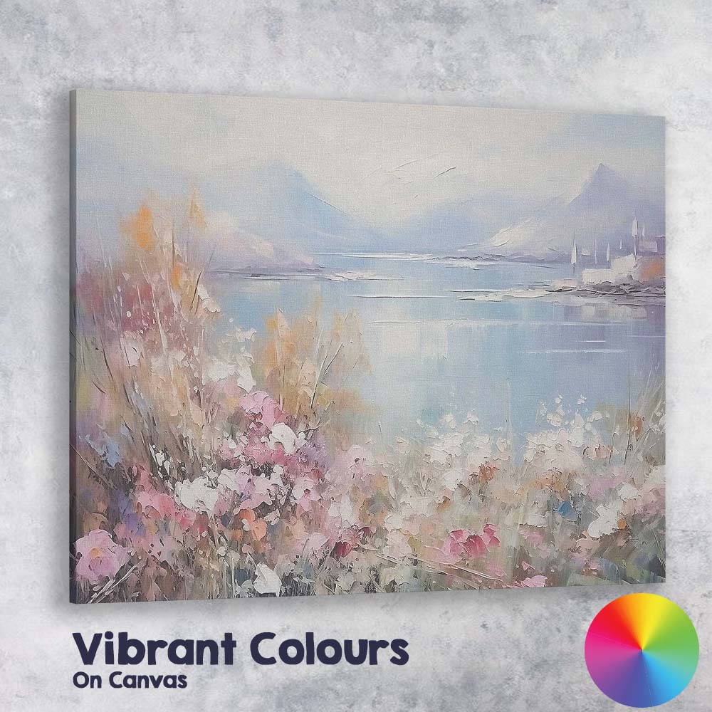 Pastel Mountain Lake Wildflower Meadow Impressionist Landscape Canvas Wall Art Print Decor Picture Ready to Hang