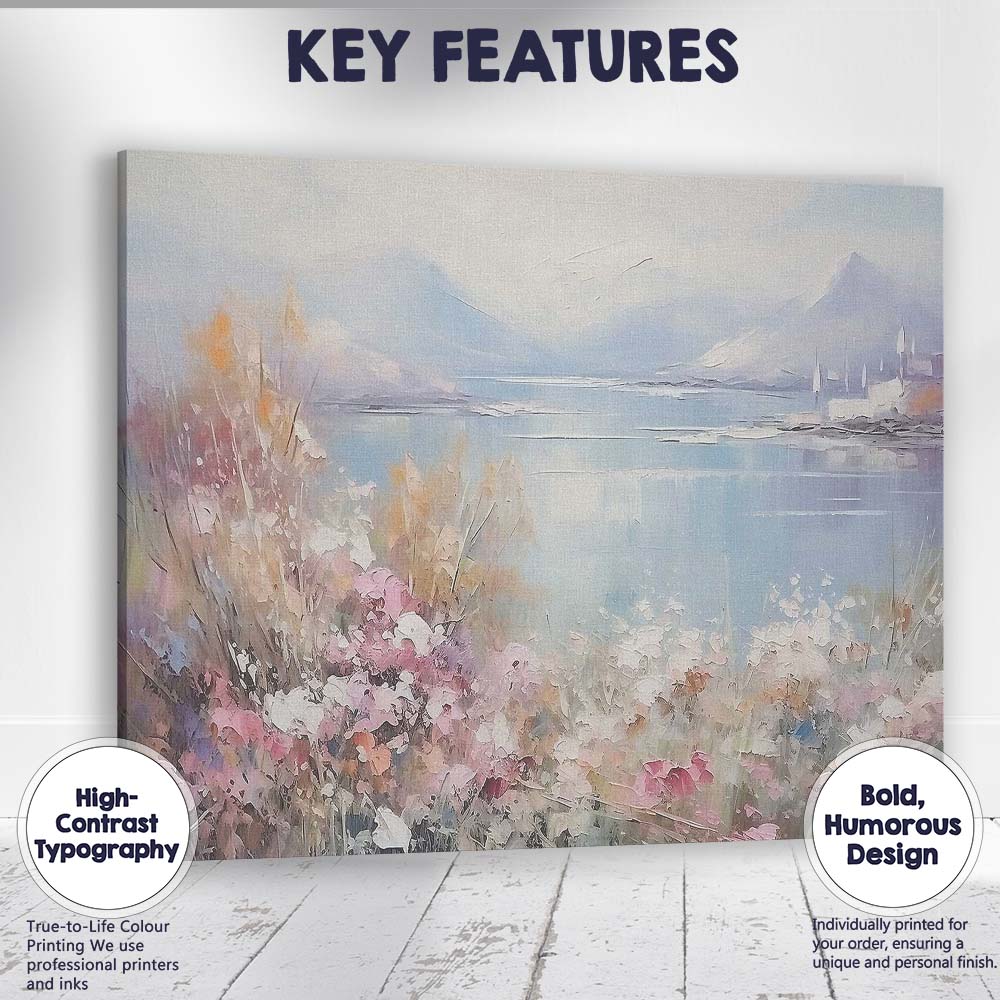 Pastel Mountain Lake Wildflower Meadow Impressionist Landscape Canvas Wall Art Print Decor Picture Ready to Hang