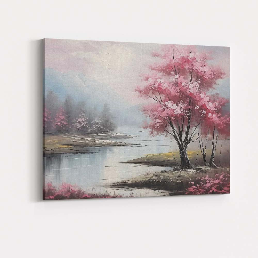 Pink Blossom Tree Serene Lakeside Mountain Landscape Canvas Wall Art Print Decor Picture Ready to Hang