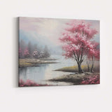 Pink Blossom Tree Serene Lakeside Mountain Landscape Canvas Wall Art Print Decor Picture Ready to Hang