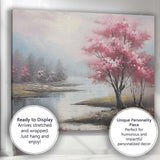 Pink Blossom Tree Serene Lakeside Mountain Landscape Canvas Wall Art Print Decor Picture Ready to Hang