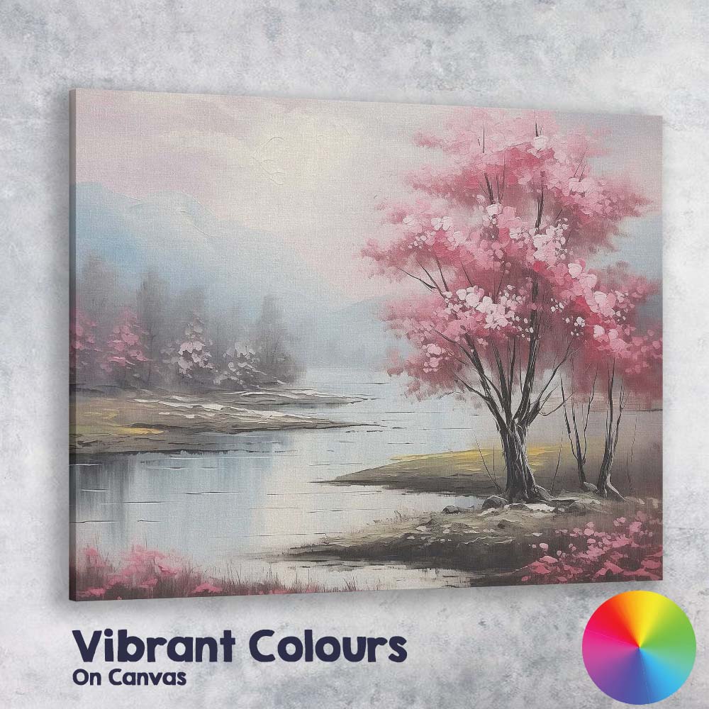 Pink Blossom Tree Serene Lakeside Mountain Landscape Canvas Wall Art Print Decor Picture Ready to Hang