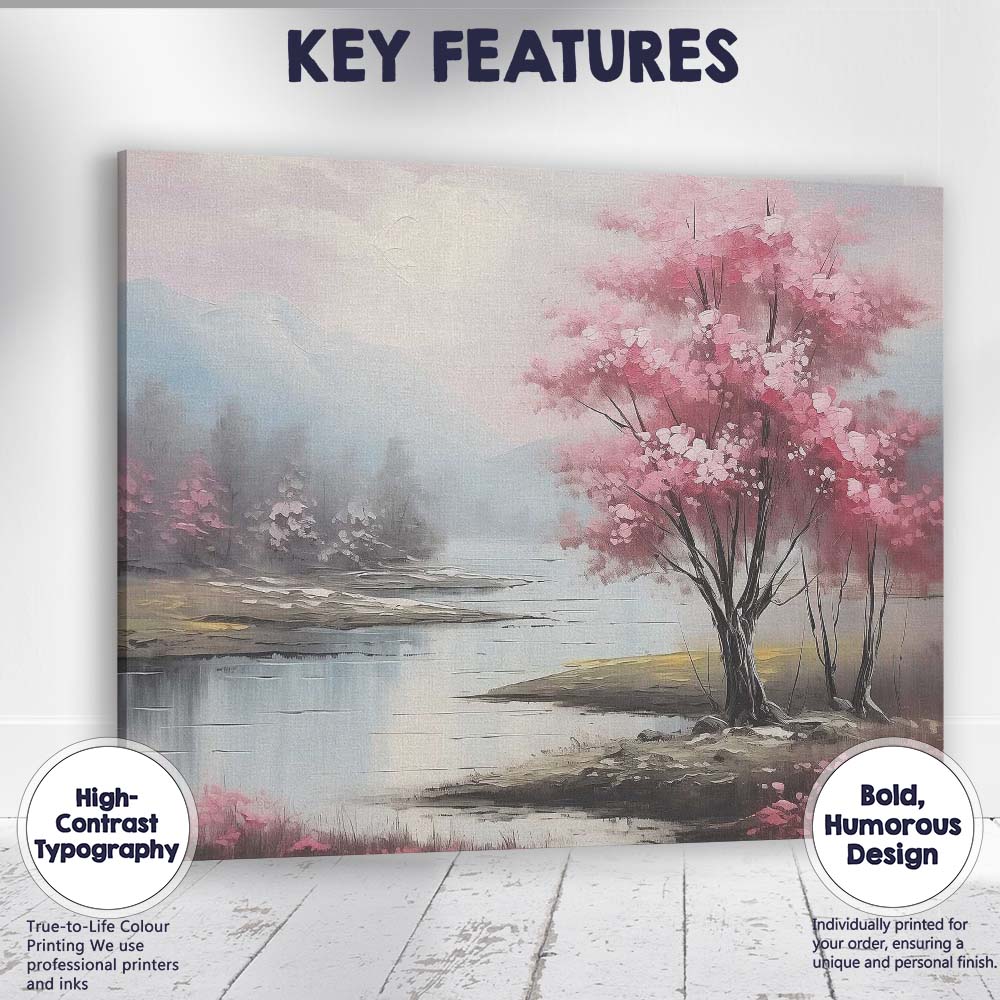 Pink Blossom Tree Serene Lakeside Mountain Landscape Canvas Wall Art Print Decor Picture Ready to Hang