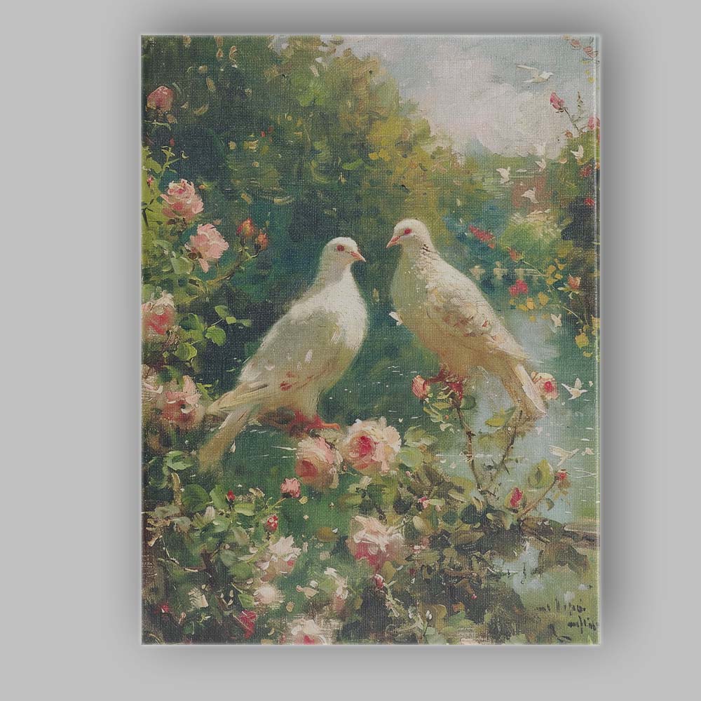 White Doves Tranquil Garden Pond Floral Impressionist Canvas Wall Art Print Decor Picture Ready to Hang