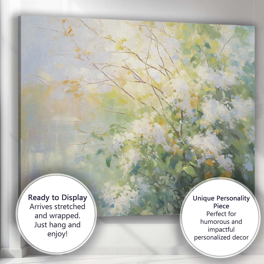 Impressionist White Blossom Bush Sunlit Garden Landscape Canvas Wall Art Print Decor Picture Ready to Hang