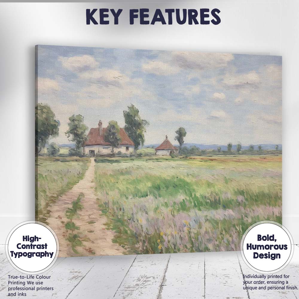 Rustic Farmhouse Meadow Country Path Impressionist Landscape Canvas Wall Art Print Decor Picture Ready to Hang