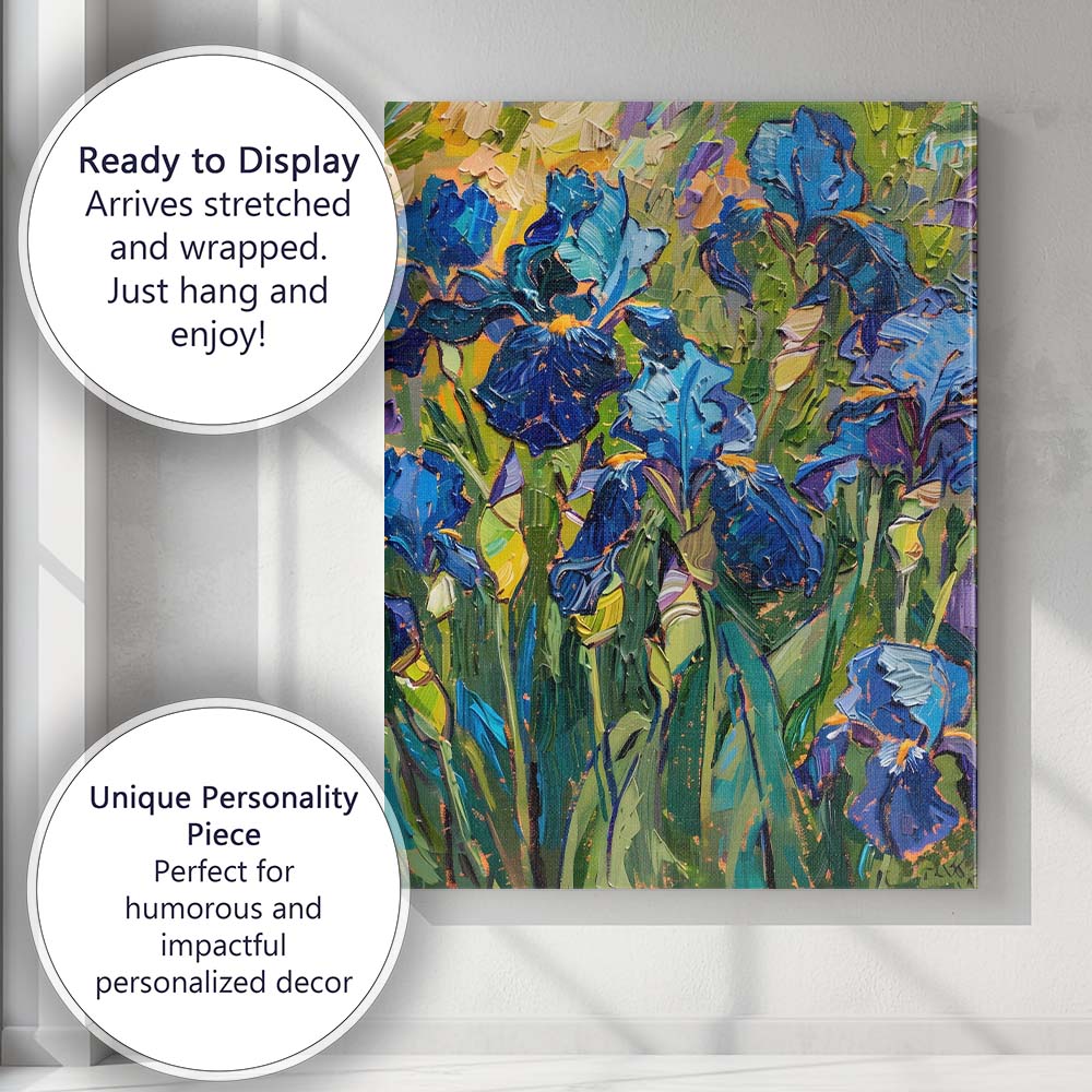 Vibrant Blue Iris Flowers Textured Palette Knife Floral Canvas Wall Art Print Decor Picture Ready to Hang