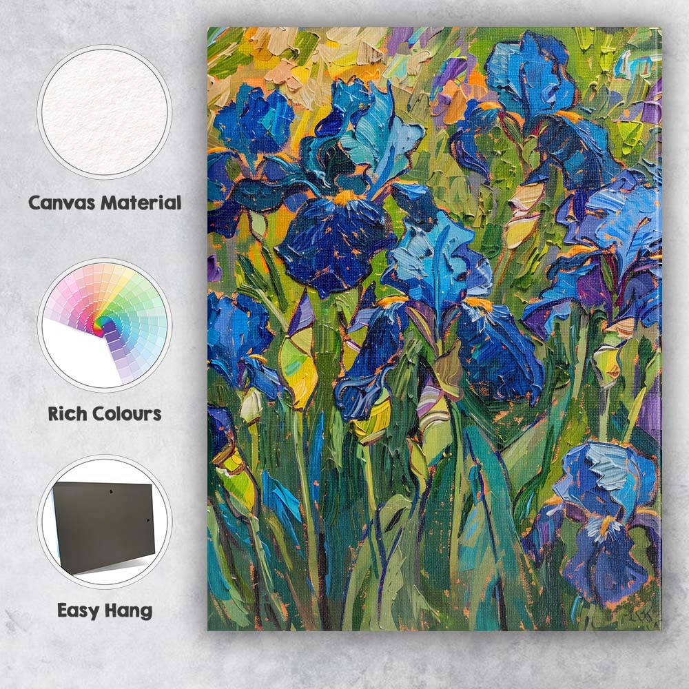 Vibrant Blue Iris Flowers Textured Palette Knife Floral Canvas Wall Art Print Decor Picture Ready to Hang