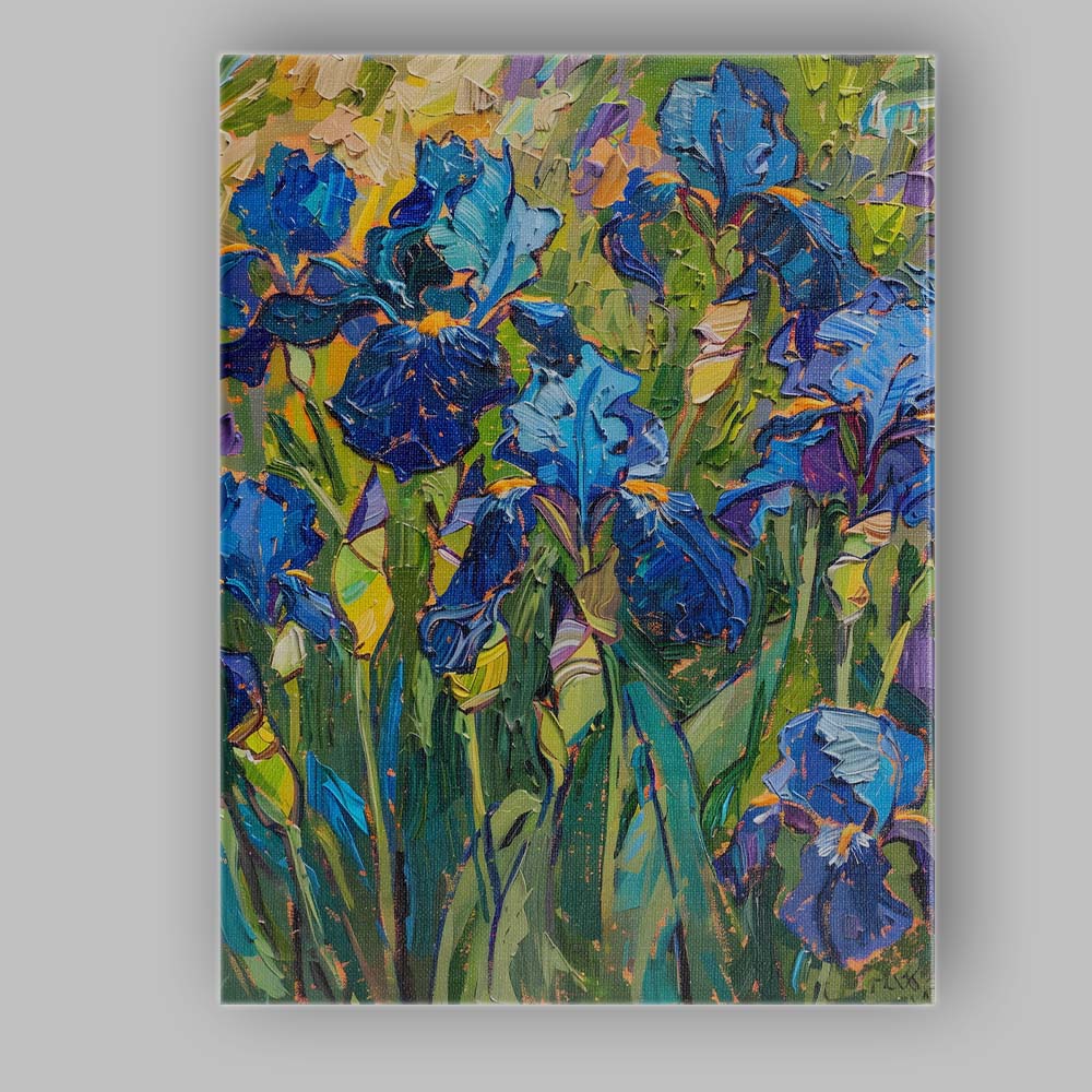 Vibrant Blue Iris Flowers Textured Palette Knife Floral Canvas Wall Art Print Decor Picture Ready to Hang