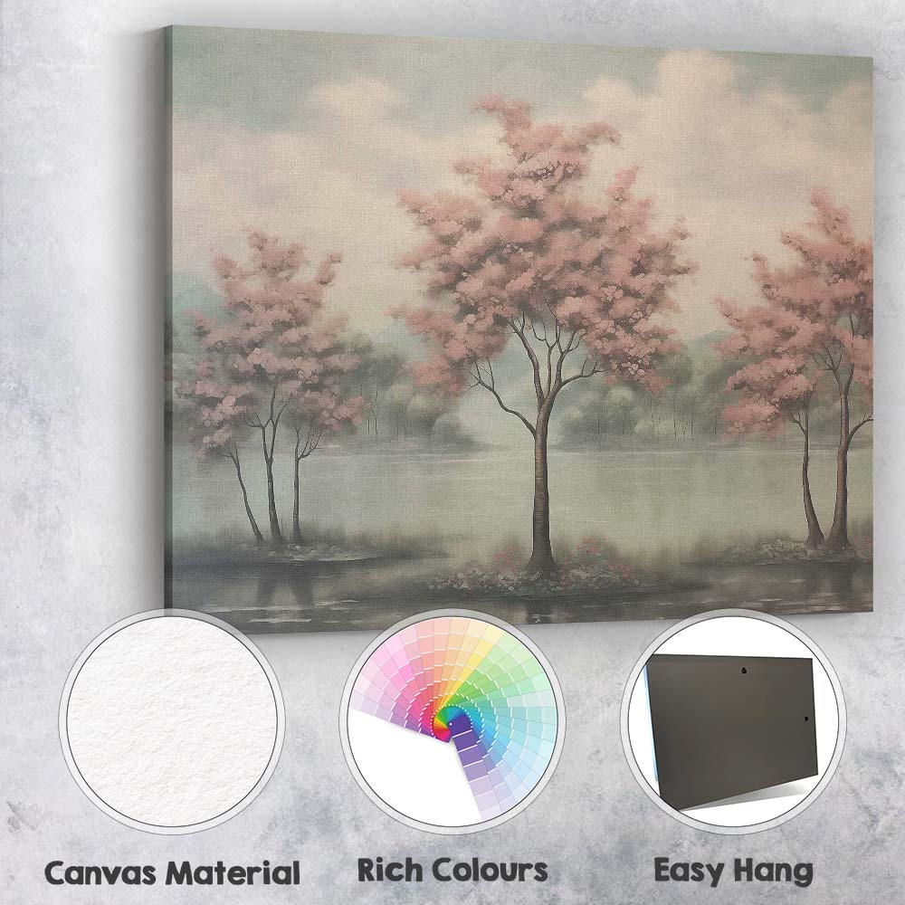 Serene Pink Blossom Trees Tranquil Lake Landscape Canvas Wall Art Print Decor Picture Ready to Hang