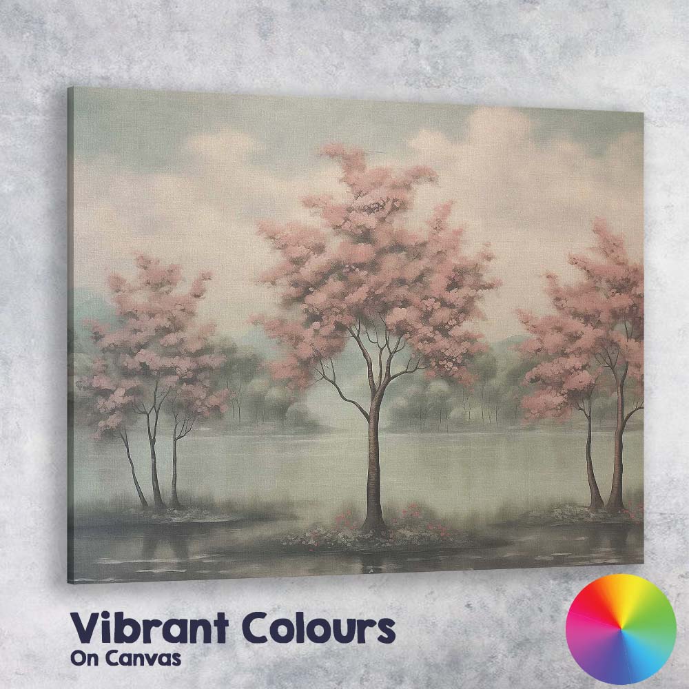 Serene Pink Blossom Trees Tranquil Lake Landscape Canvas Wall Art Print Decor Picture Ready to Hang