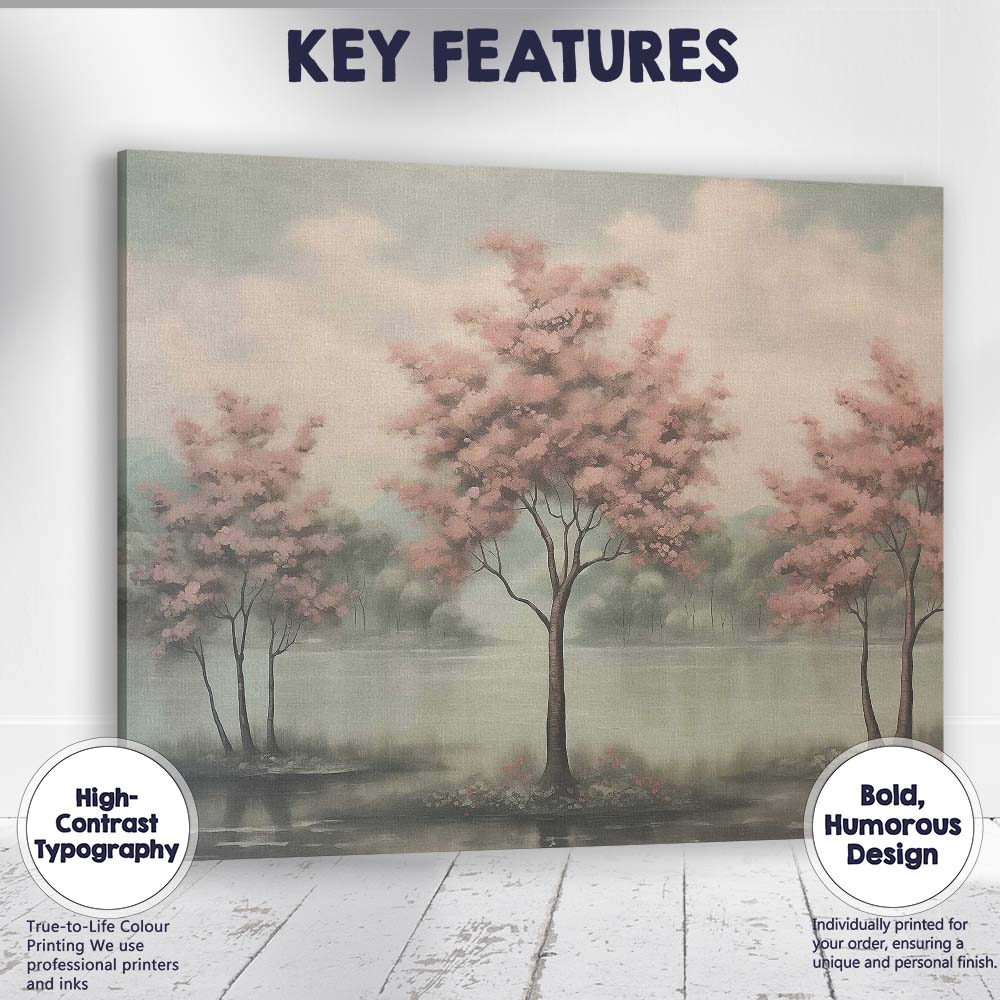 Serene Pink Blossom Trees Tranquil Lake Landscape Canvas Wall Art Print Decor Picture Ready to Hang