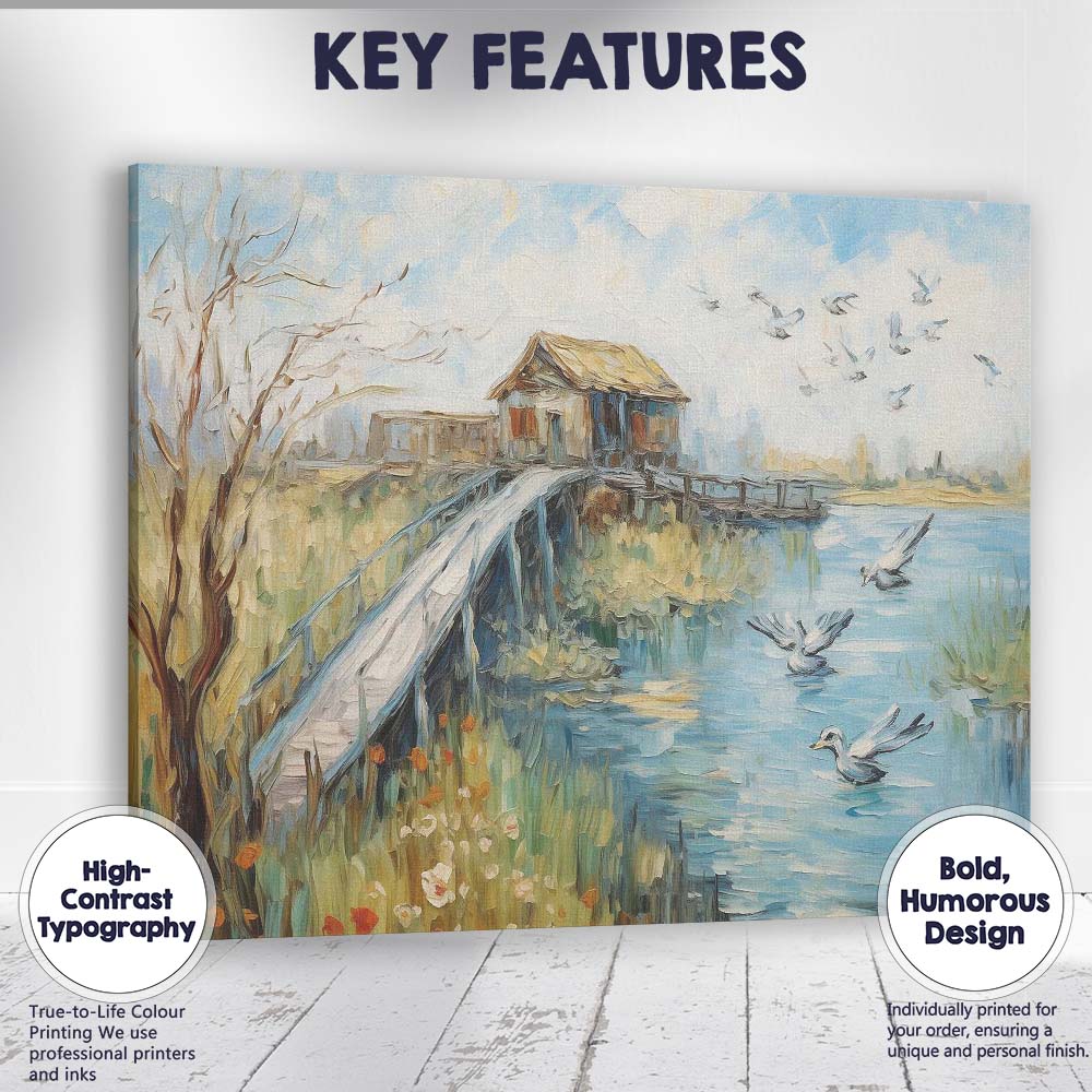 Coastal Wooden Jetty Rustic Fishing Hut Seaside Birds Canvas Wall Art Print Decor Picture Ready to Hang