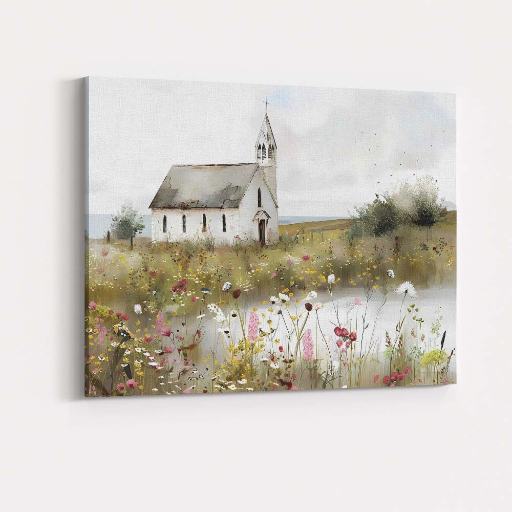White Country Church Wildflower Meadow Rural Landscape Canvas Wall Art Print Decor Picture Ready to Hang