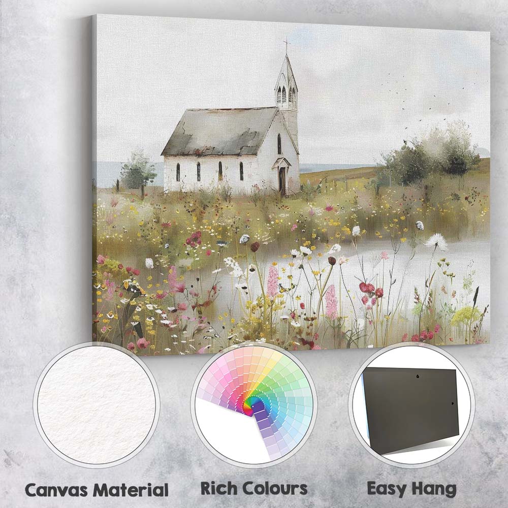 White Country Church Wildflower Meadow Rural Landscape Canvas Wall Art Print Decor Picture Ready to Hang