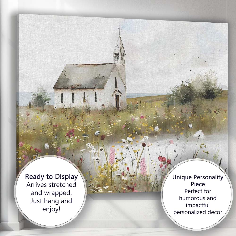 White Country Church Wildflower Meadow Rural Landscape Canvas Wall Art Print Decor Picture Ready to Hang