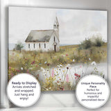 White Country Church Wildflower Meadow Rural Landscape Canvas Wall Art Print Decor Picture Ready to Hang