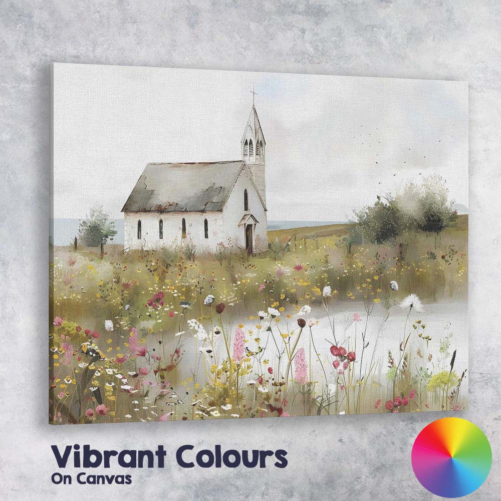 White Country Church Wildflower Meadow Rural Landscape Canvas Wall Art Print Decor Picture Ready to Hang