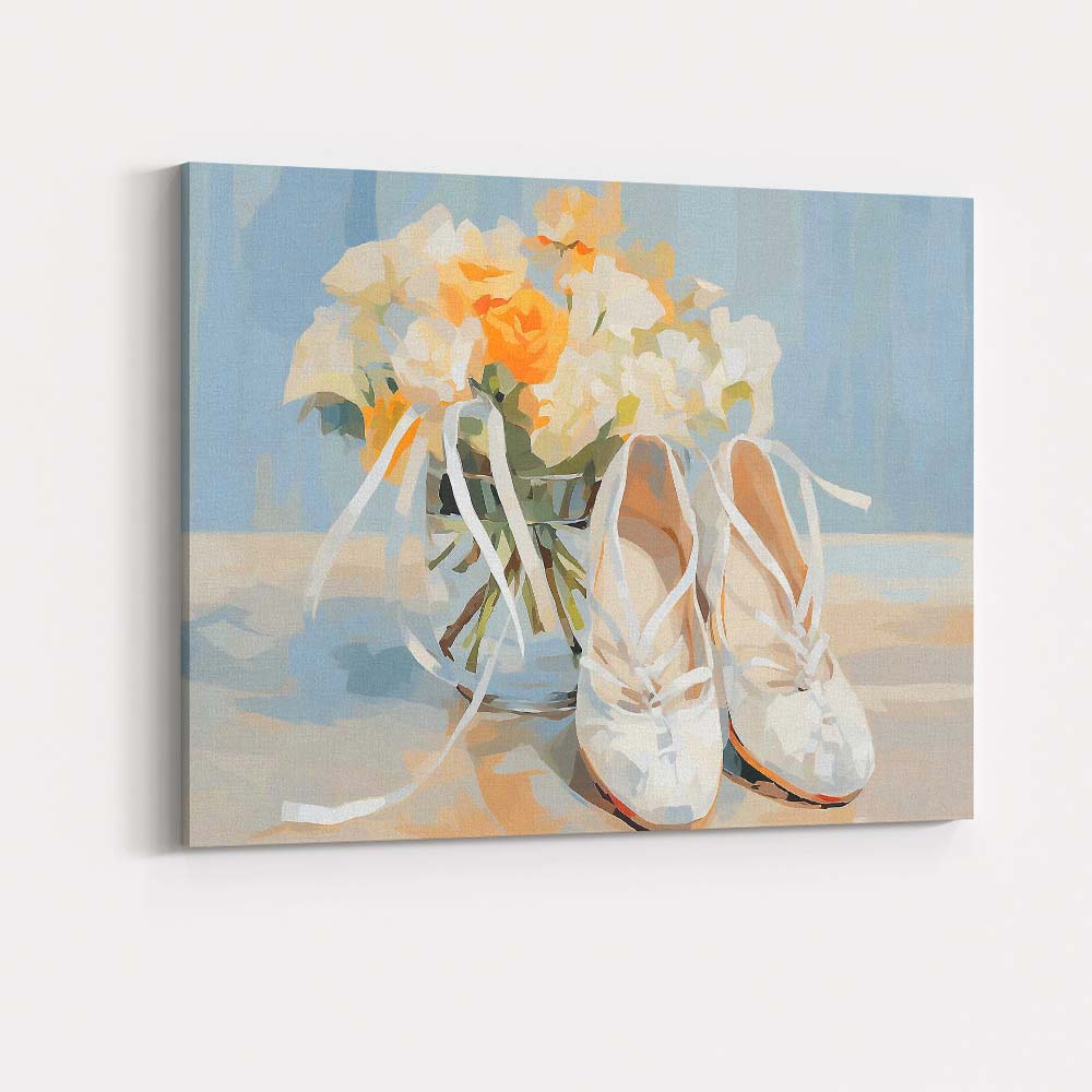 Elegant White Ballet Shoes Floral Bouquet Still Life Canvas Wall Art Print Decor Picture Ready to Hang