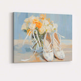 Elegant White Ballet Shoes Floral Bouquet Still Life Canvas Wall Art Print Decor Picture Ready to Hang