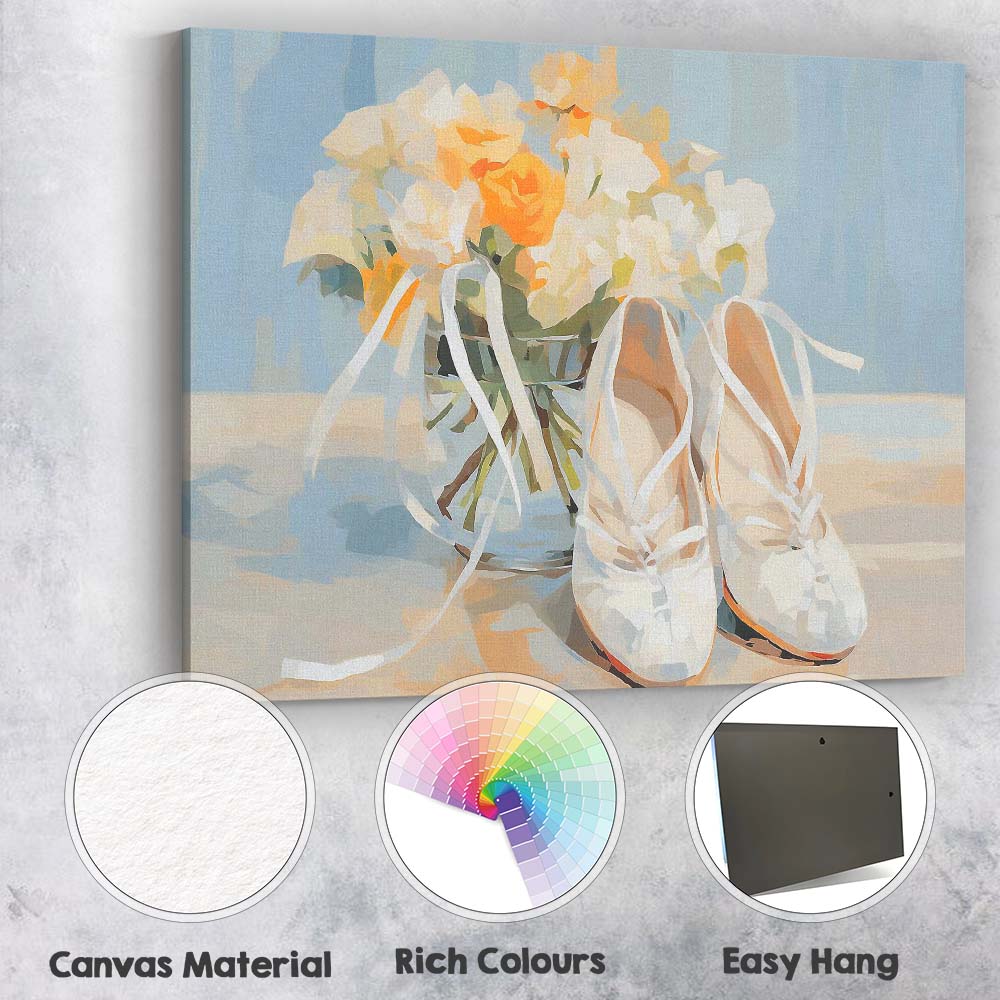 Elegant White Ballet Shoes Floral Bouquet Still Life Canvas Wall Art Print Decor Picture Ready to Hang
