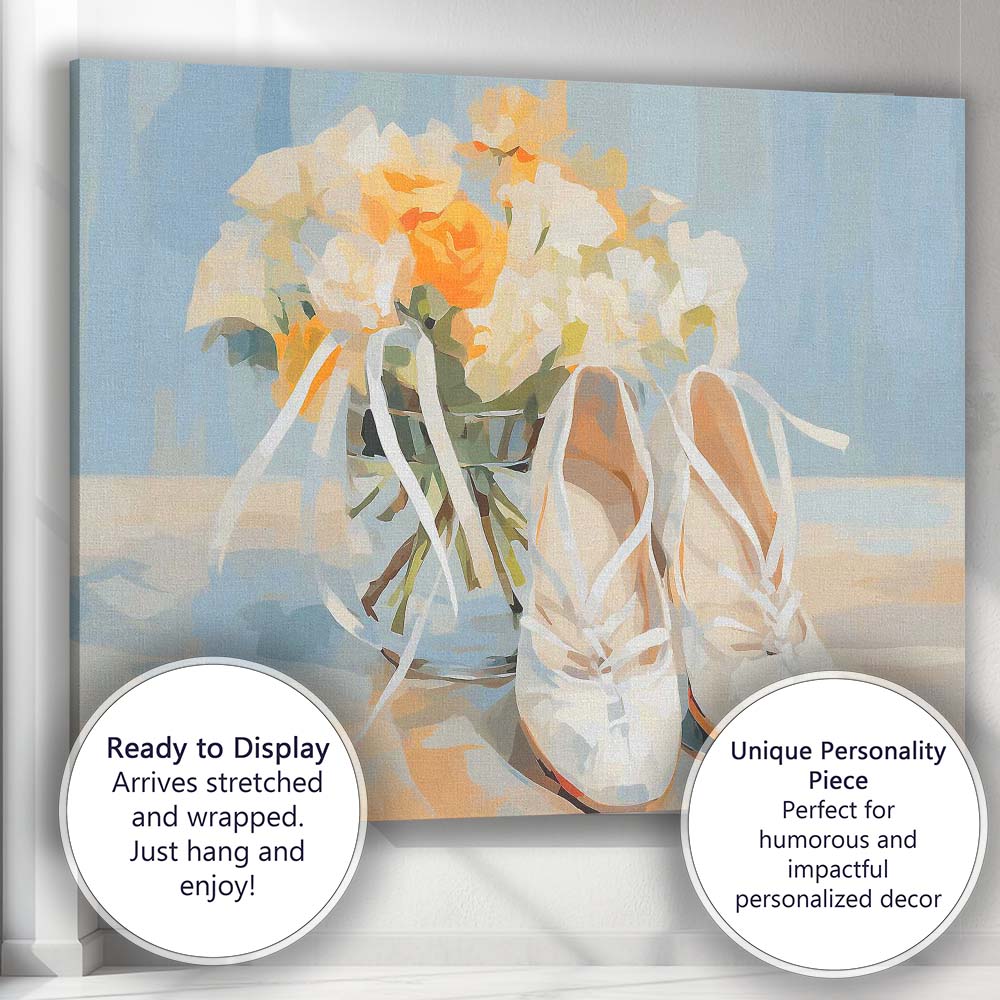 Elegant White Ballet Shoes Floral Bouquet Still Life Canvas Wall Art Print Decor Picture Ready to Hang