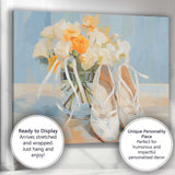 Elegant White Ballet Shoes Floral Bouquet Still Life Canvas Wall Art Print Decor Picture Ready to Hang