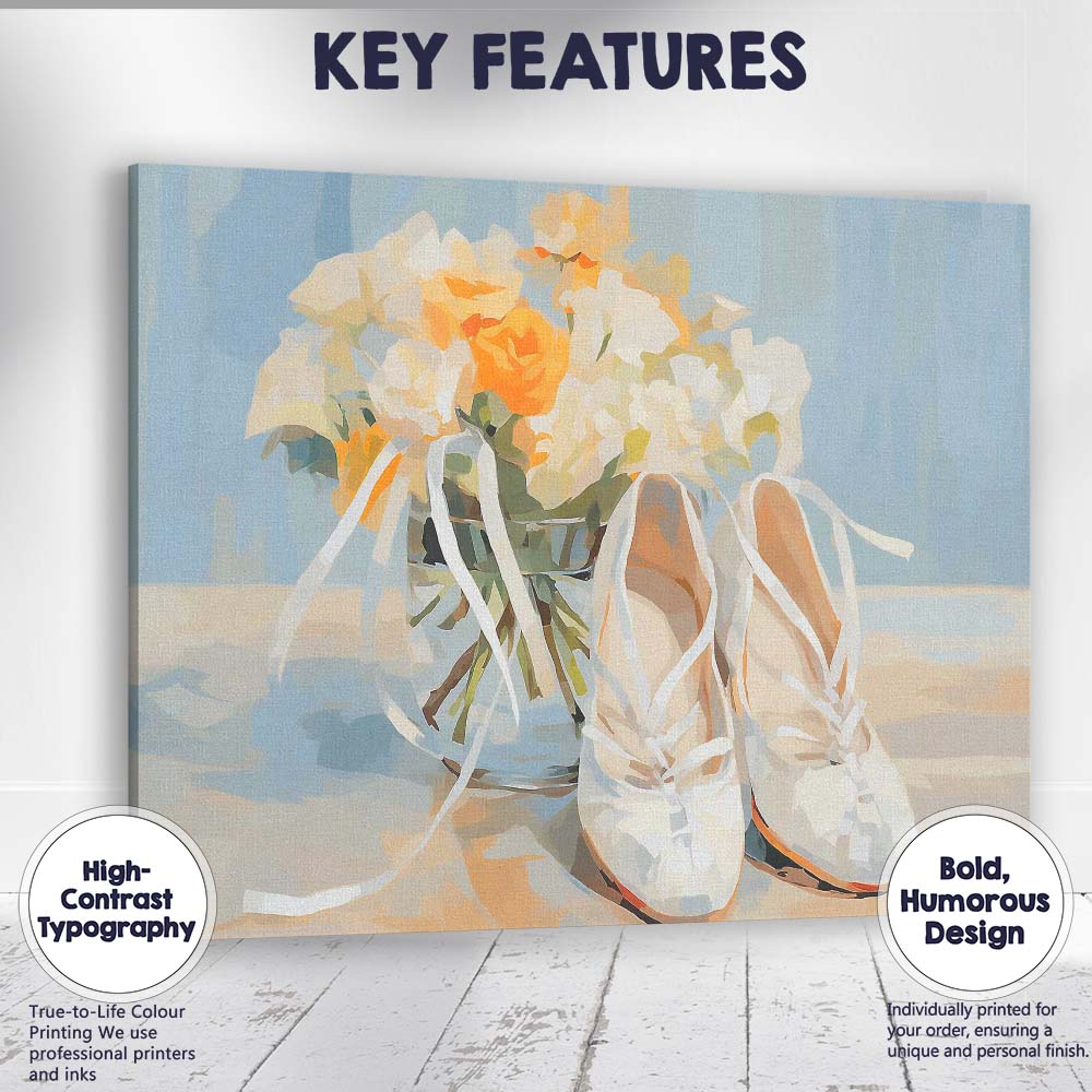 Elegant White Ballet Shoes Floral Bouquet Still Life Canvas Wall Art Print Decor Picture Ready to Hang
