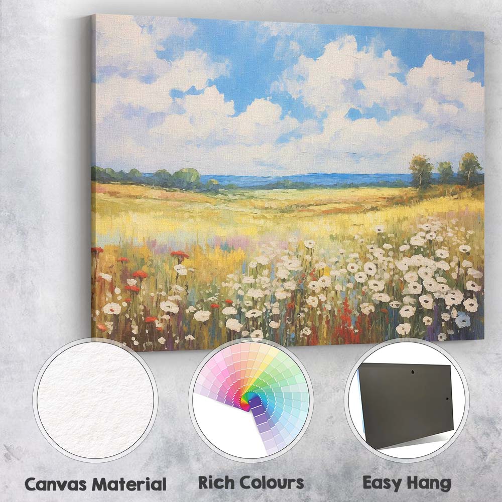 Sunny Wildflower Meadow Rolling Hills Impressionist Landscape Canvas Wall Art Print Decor Picture Ready to Hang
